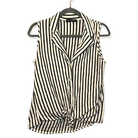 Kim & Cami Green and White Stiped Collar Button Up Tank Small - Picture 2 of 12